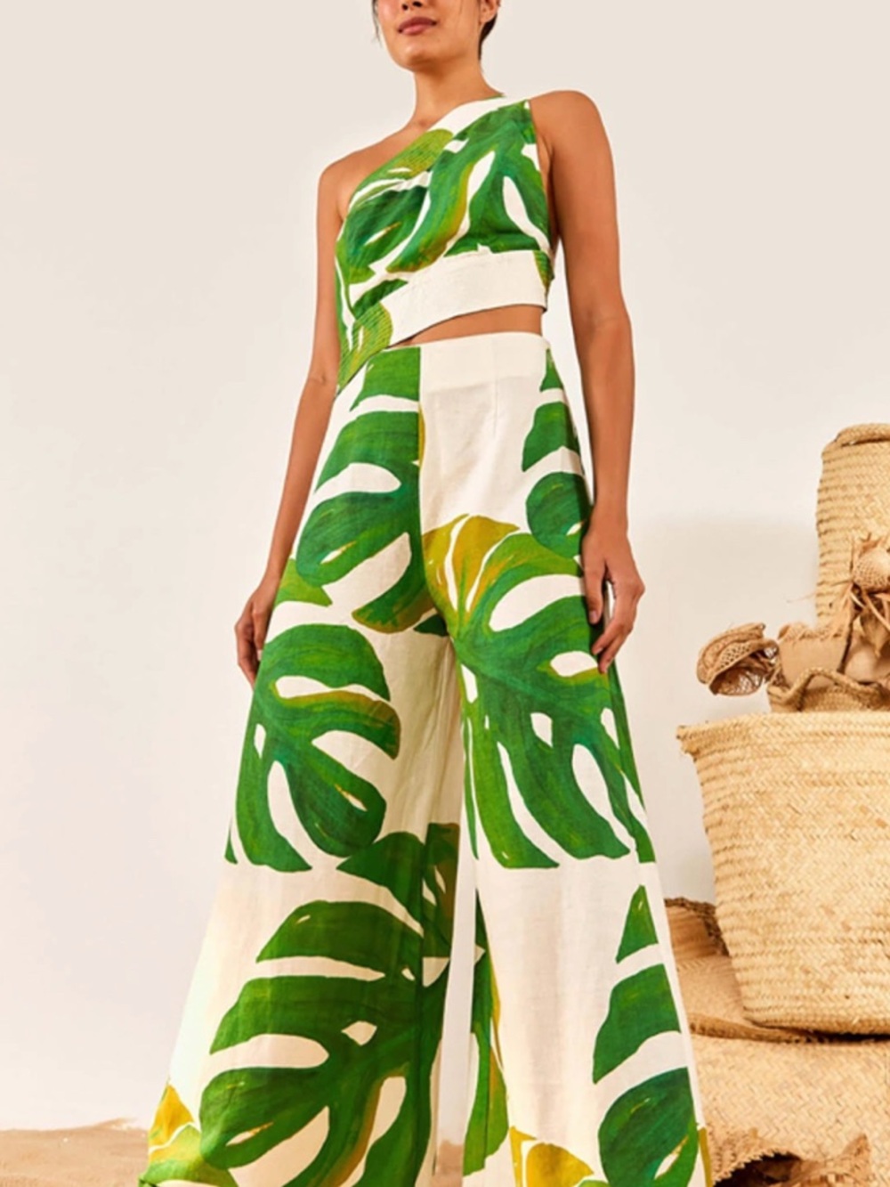 FARM Rio White One-Shoulder Jumpsuit with Green Leaf Print